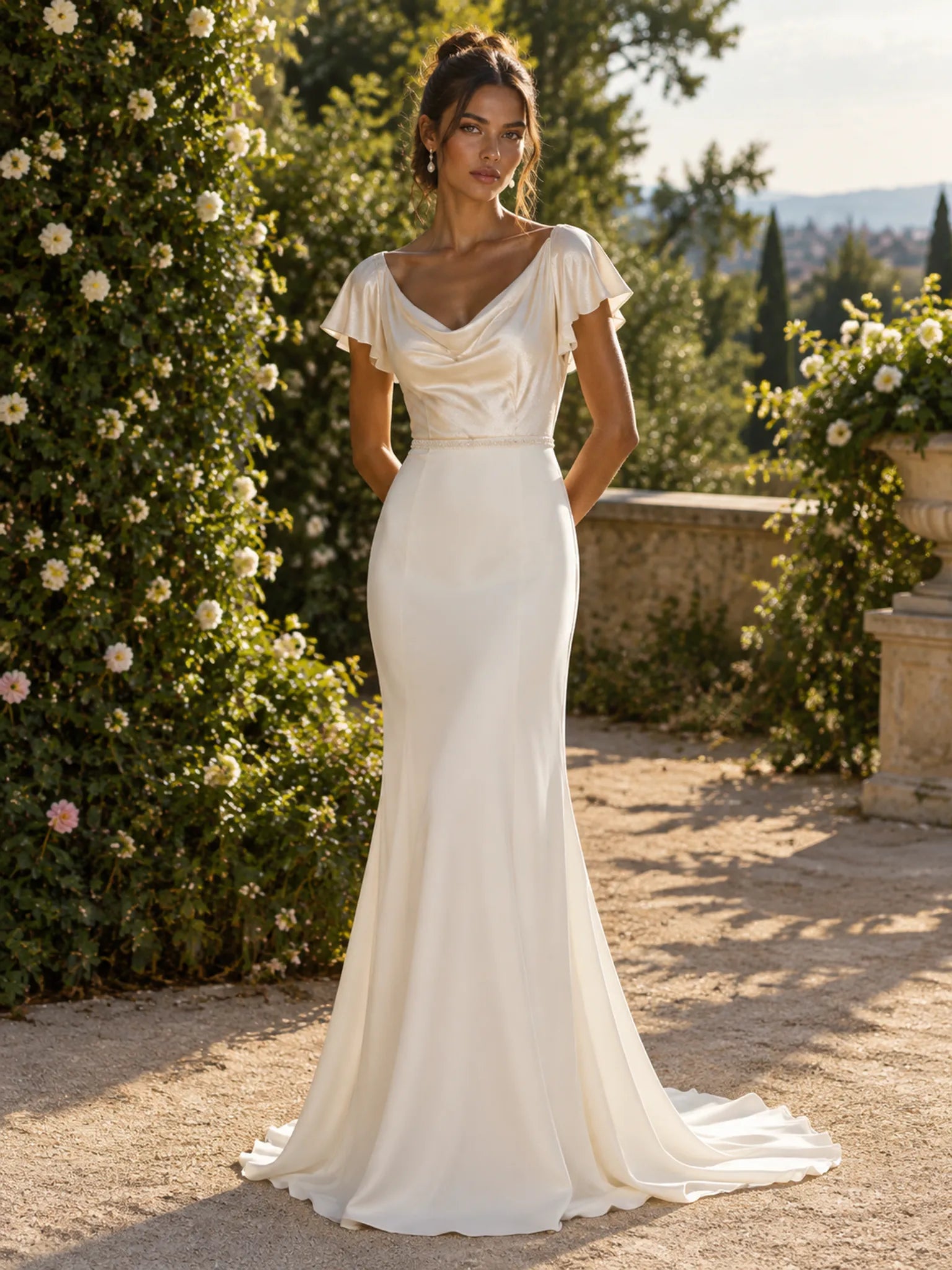 Cowl-Neck Flutter-Sleeve Mermaid Wedding Dress Bridal Gown