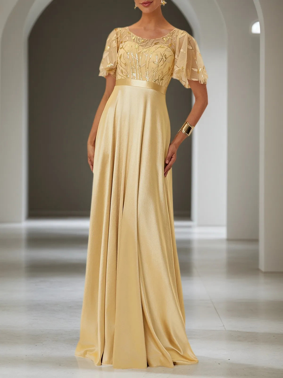 Golden Sequin Satin Crew Neck Short Sleeve Bell Sleeve A-Line Gown Mother of the Bride or Groom Dress