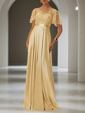 Golden Sequin Satin Crew Neck Short Sleeve Bell Sleeve A-Line Gown Mother of the Bride or Groom Dress