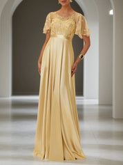 Golden Sequin Satin Crew Neck Short Sleeve Bell Sleeve A-Line Gown Mother of the Bride or Groom Dress