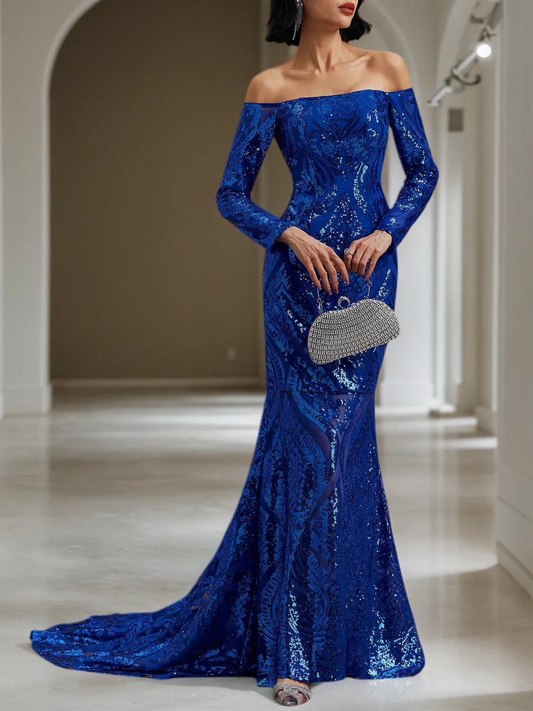 Royal Blue Sequin Dress Off The Shoulder Long Sleeve Mermaid Gown