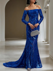 Royal Blue Sequin Dress Off The Shoulder Long Sleeve Mermaid Gown