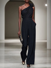 Black 3D Floral One Shoulder H-Line Jumpsuit