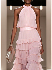 A Line Pink Chiffon Halter Neck Sleeveless Ankle Length Dress With Cascading Ruffles