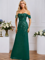 Sheath/Column Off the Shoulder Floor-Length Lace Chiffon Evening Dress With Sequins