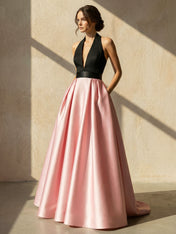 V Neck Satin Maxi Dresses for Women A Line Backless Evening Dress