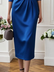 Fall Wedding Guest Dress Blue V Neck Midi Half Sleeve Satin Dress