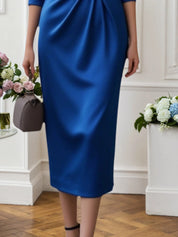 Fall Wedding Guest Dress Blue V Neck Midi Half Sleeve Satin Dress