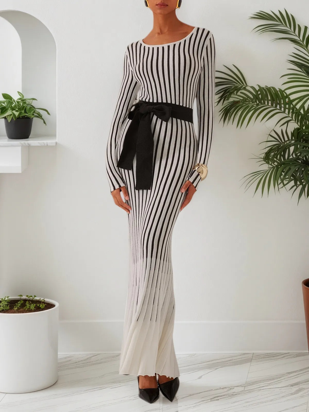 White Striped Sheath/Column Maxi Wool Sweater Dress With Belt