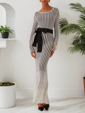 White Striped Sheath/Column Maxi Wool Sweater Dress With Belt