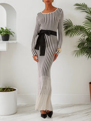 White Striped Sheath/Column Maxi Wool Sweater Dress With Belt