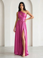Fuchsia One Shoulder Hollowed Maxi Dress with Pleat