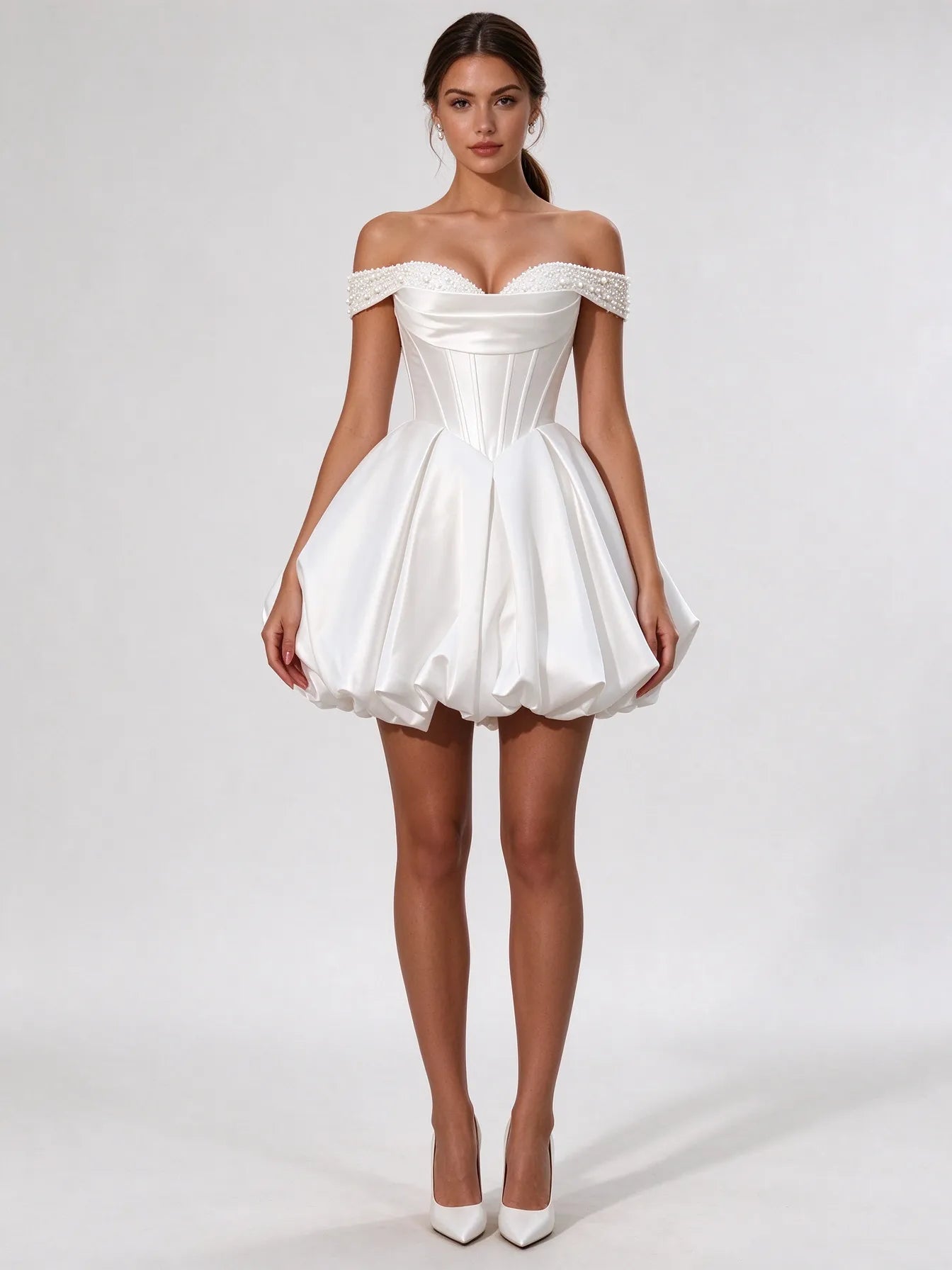 Off-the-Shoulder Pearl Satin Corset Bubble Mini Dress Wedding Dress