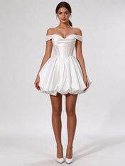 Off-the-Shoulder Pearl Satin Corset Bubble Mini Dress Wedding Dress