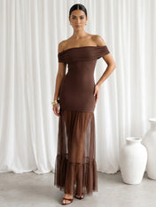 Brown Off the Shoulder Mermaid Maxi Dress with Ruffle