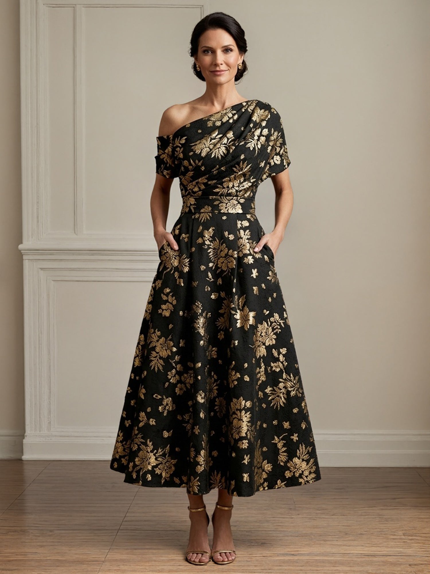 Black One Shoulder Pleated Ankle Length A Line Satin Mother of the Bride Dress