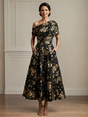 Black One Shoulder Pleated Ankle Length A Line Satin Mother of the Bride Dress