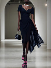 Black Lace Sweetheart Neckline Midi Sheath Dress