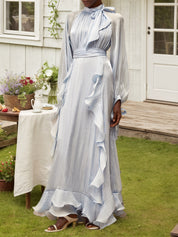 Blue Glossy Pleated Maxi Dress