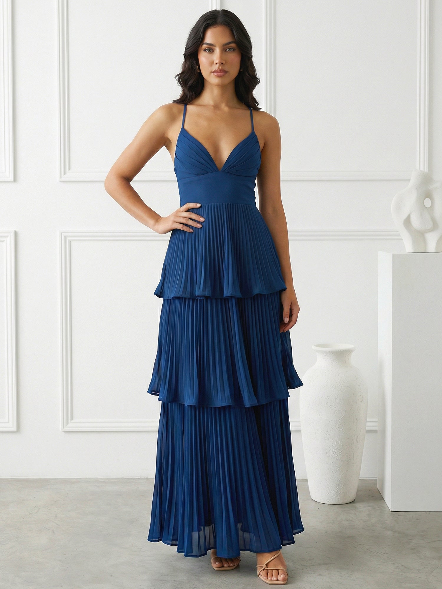 Blue Tiered Mermaid Ankle Length V Neck Maxi Dresses