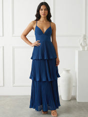 Blue Tiered Mermaid Ankle Length V Neck Maxi Dresses