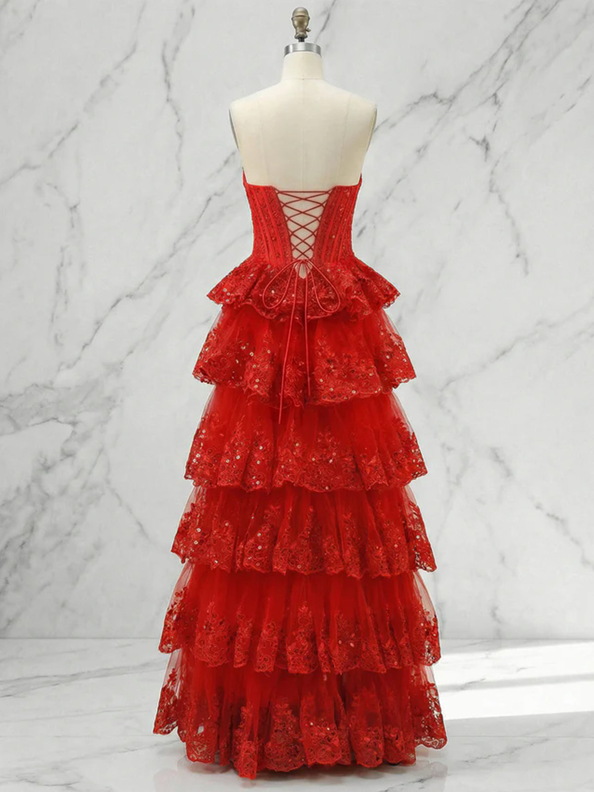 Pink A Line Strapless Sweetheart Tiered Lace Corset Prom Dress