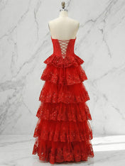 Pink A Line Strapless Sweetheart Tiered Lace Corset Prom Dress