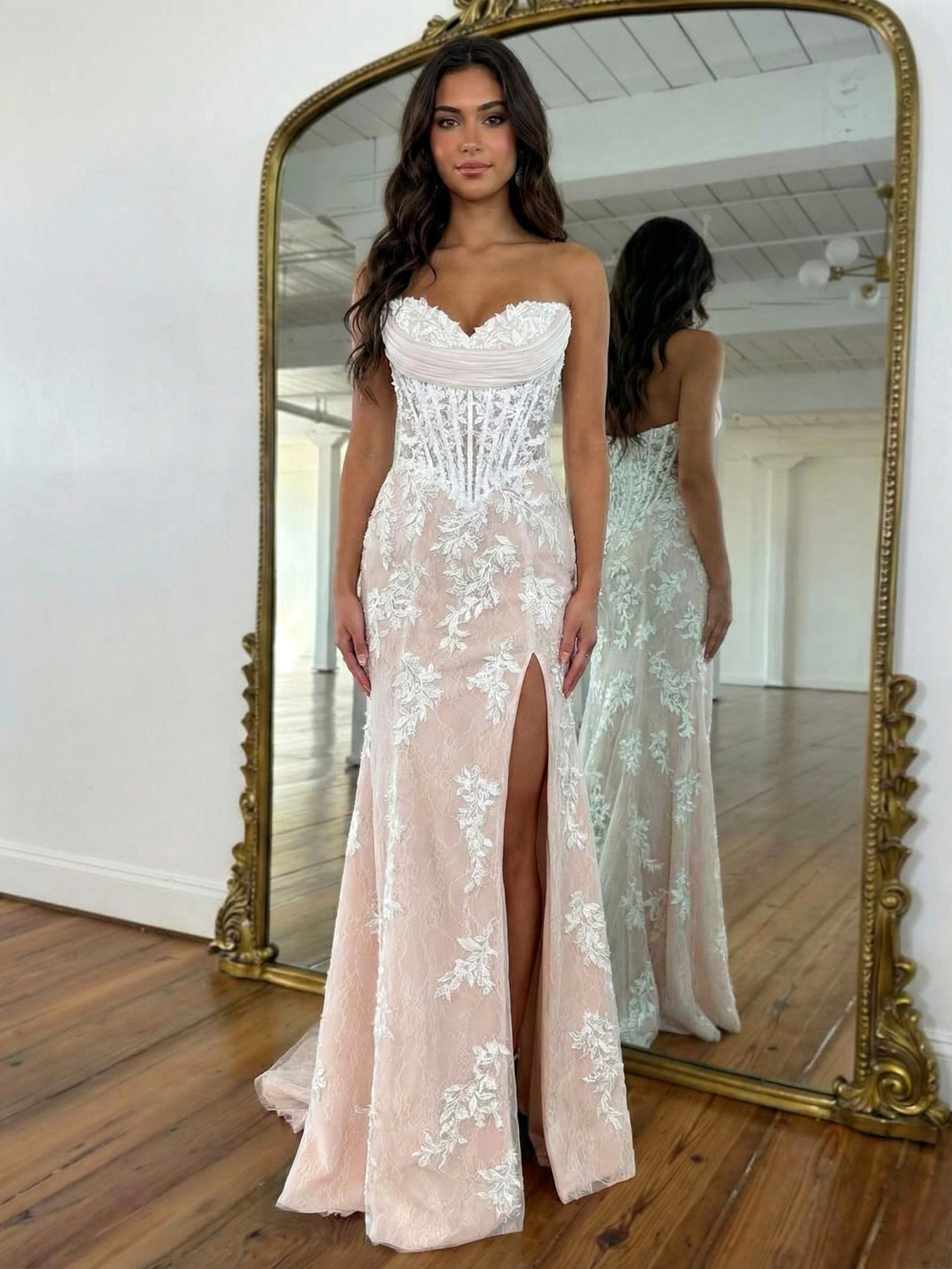 Strapless Corset Lace Floral Prom Dress with Thigh-High Slit