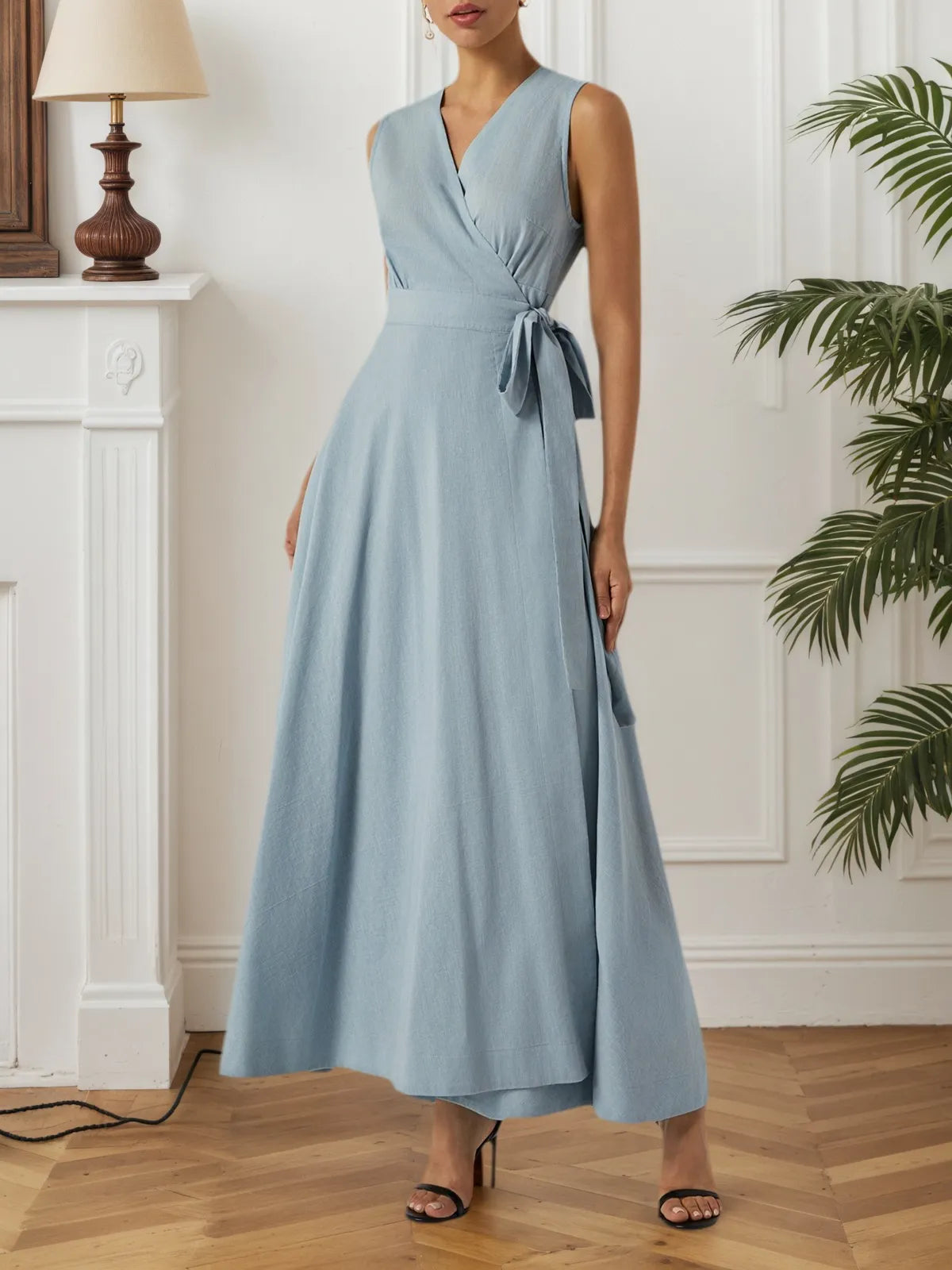 Light Blue Bow Lyocell Linen Wrap V Neck Sleeveless A-Line Maxi Dress