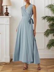 Light Blue Bow Lyocell Linen Wrap V Neck Sleeveless A-Line Maxi Dress