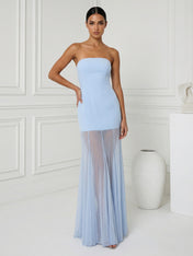 Light Blue Strapless Mermaid Chiffon Maxi Dress with Pleat