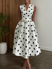 White Polka Dots V Neck Sleeveless A-Line Midi Dress