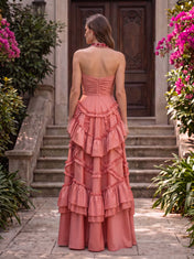 Halter Keyhole Beaded-Collar Cascading Ruffle Tiered Prom Dress