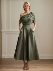 A Line Satin One Shoulder Pleated Ankle Length Mother of the Bride Dress