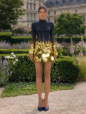 Navy Blue and Gold Sequin High-Neck Mini Dress