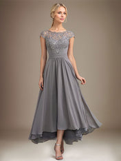 A-line Scoop Illusion Asymmetrical Lace Chiffon Mother of the Bride Dress With Pleated