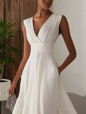 Evening Elegant Dress Sleeveless Deep V Neck Pleated Design Ball Gown Maxi Dress