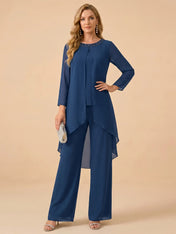 Beaded Neckline Asymmetric Chiffon Wide-Leg Mother of the Bride Pant Set