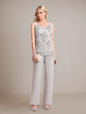Elegant Sleeveless Appliques Silver Chiffon Mother of Bride Jumpsuit with Wrap