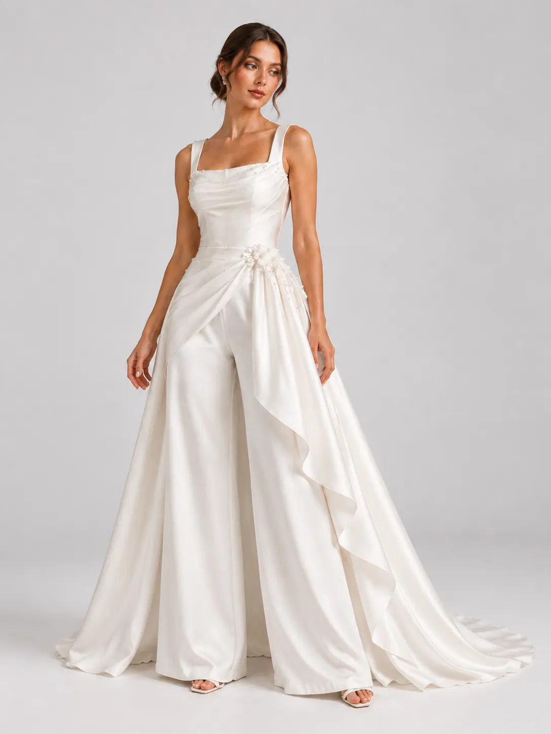 Tailored Wide-Leg Satin Wedding Dress Bridal Jumpsuit with Draped Overskirt and Sweep Train
