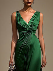 Green Satin V Neck Sleeveless Floor Length Formal Dress With Pleated