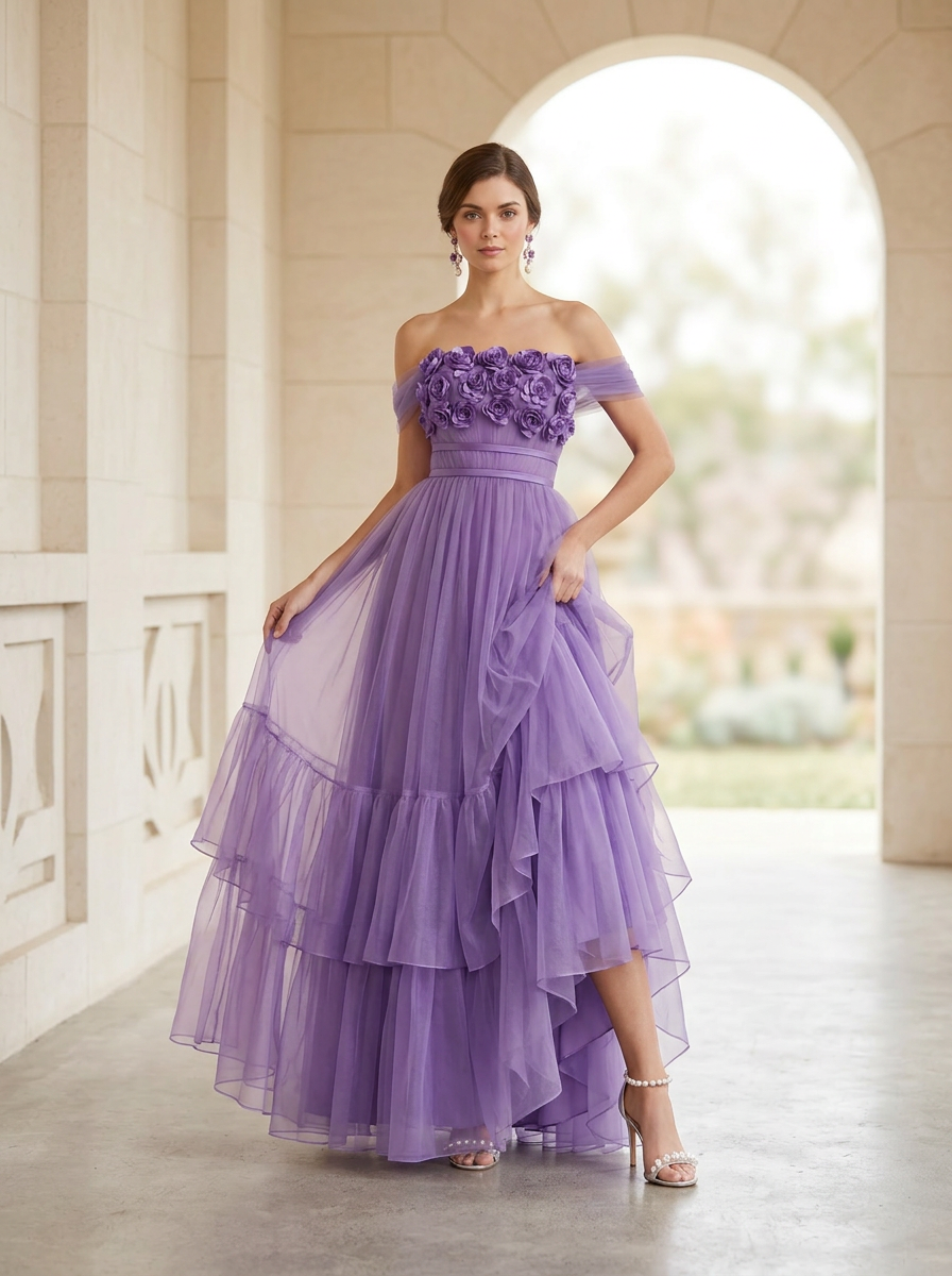 3D Rose A-Line/Princess Off-the-Shoulder Floor-Length Evening Dresses with Tiered Ruffles