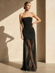 Strapless Maxi Dresses with Tulle Mermaid Black Formal Dress
