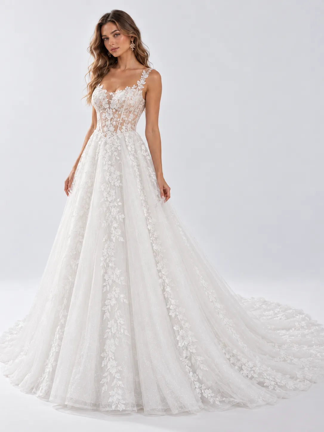 Sleeveless Floral Lace A-Line Wedding Dress with Illusion Corset Bodice and Cathedral Train