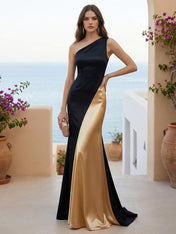One Shoulder Mermaid Satin Long Evening Dresses for Women