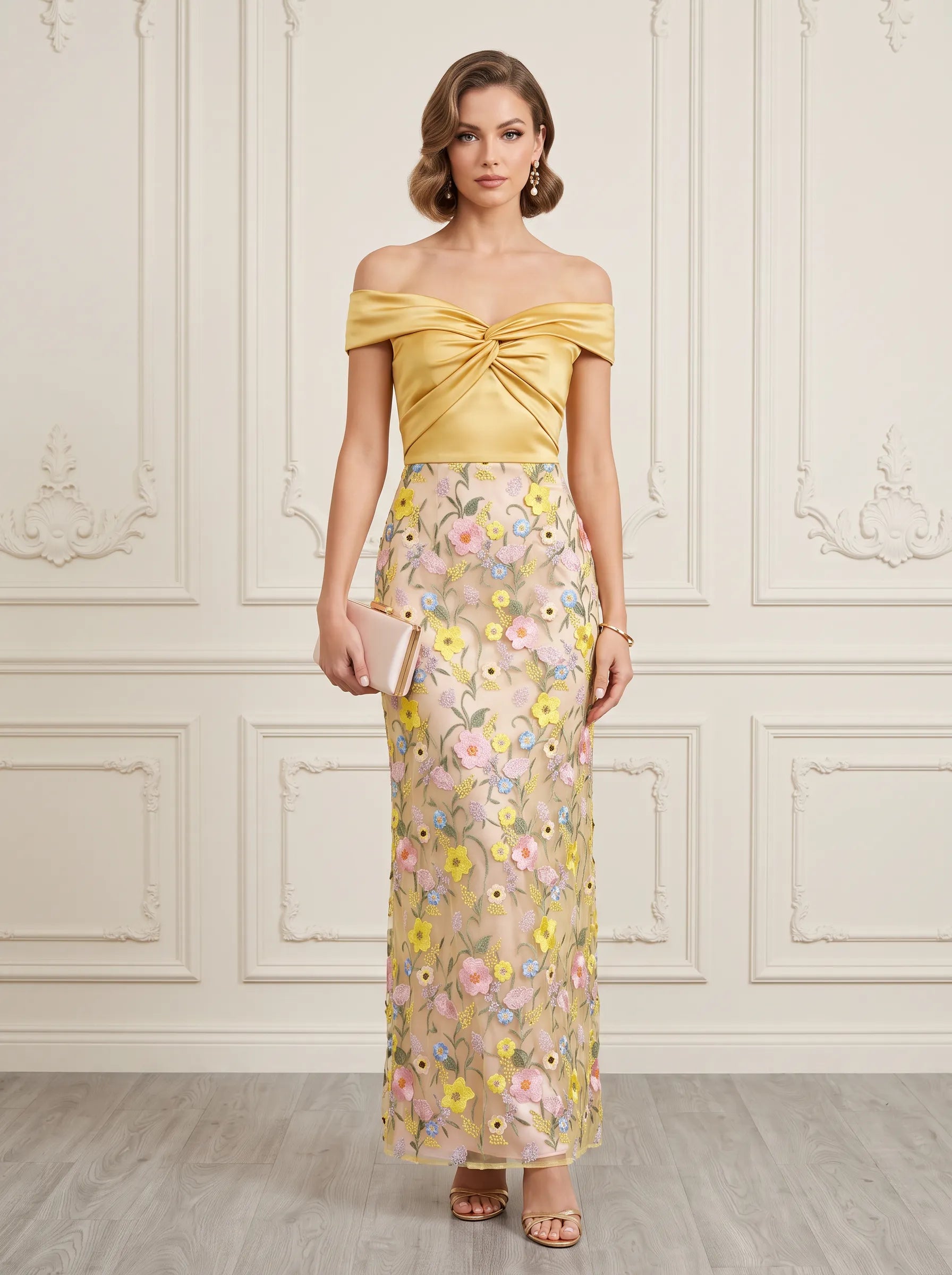 Off-the-Shoulder Draped Bodice Embroidered Floral Column Mother of the Bride & Groom Dresses