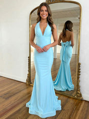 Light Blue Mermaid Halter Backless Long Prom Dress