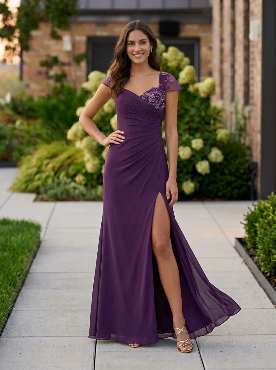 Beaded-Accented Chiffon Long Evening Dress with Slit