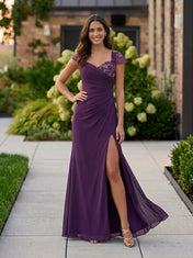 Beaded-Accented Chiffon Long Evening Dress with Slit