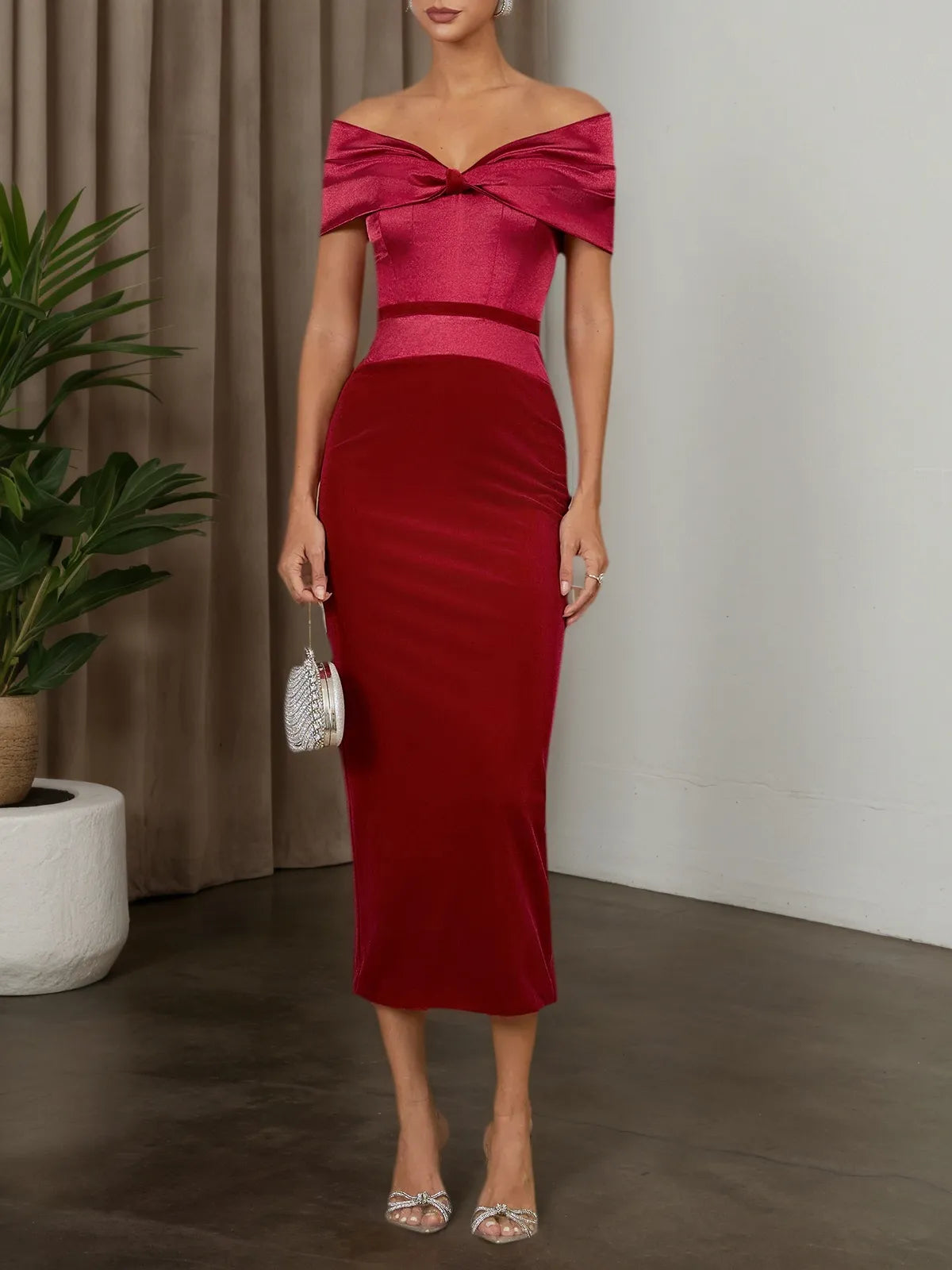 Wine Red Velvet Off The Shoulder Short Sleeve Sheath Maxi Dress